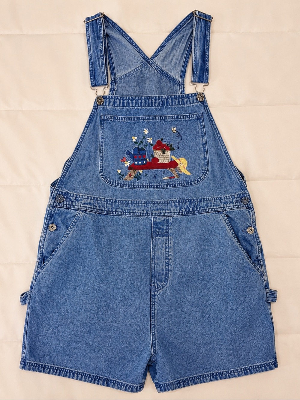 Christopher & Banks Embroidered Denim Shortalls XL Bee Cottagecore Overalls